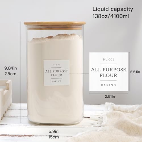 HHMJSM Large glass flour and sugar containers with 132 Kitchen Pantry Labels - 138 FL OZ Glass Food Storage Containers with Airtight Lids - Square Glass Jars Rice with Bamboo Lids - Image 3