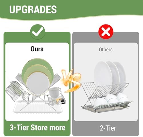 Dish Rack with Drip Tray, Stainless Steel 3-Tier Collapsible Drainer Dish Drying Rack for Kitchen Counter, Sink, Countertop,Cutlery, Dishes Utensils Flatware Holder Set, Reversible Cup Draining Rack - Image 5