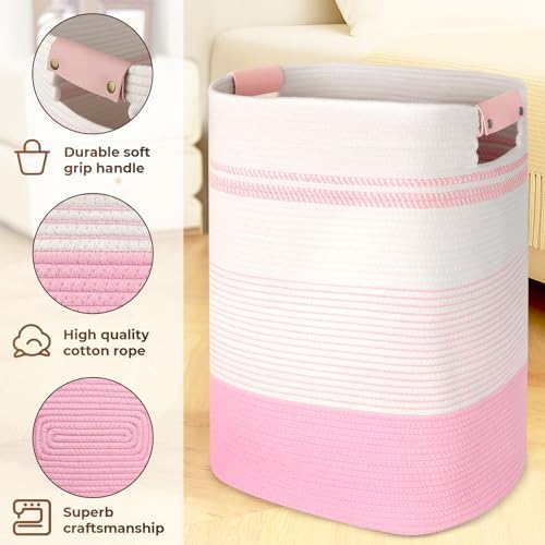 AINUOQI Laundry Basket with Handles - Blanket Basket & Hampers for Bedroom Aesthetic, Laundry Hamper & Blanket Storage for Living Room, Clothes Hamper, Tall, Large 17" x 14" x 22”, Pink & White - Image 3