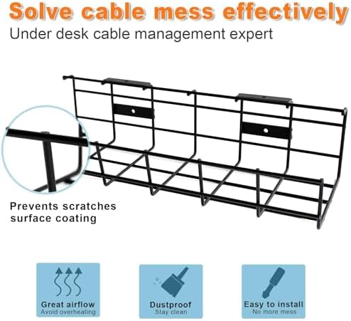 Under Desk Cable Management- 6 Pack Cord Organizer. Metal Wire Cable Management Tray for Office, Studio and Home. Super Sturdy Under Table Cable Managements - Black Cable Organizer - Image 3