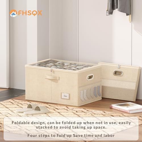 2 Pack Shoe Organizer for Closet Large Shoe Box Storage Containers with Clear Window Space Saving Shoe Bin with Foldable Bottom Support Adjustable Dividers Fits 36 Pairs (Beige, (24.4*16.5*13inch)x2) - Image 3