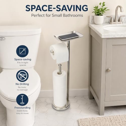 Toilet Paper Holder with Shelf, Freestanding Toilet Paper Stand with Tray for Small Items, Toilet Paper Holder with Storage Space for Extra 4Toilet Paper Rolls (Brushed Nickel, Stainless Steel Base) - Image 7