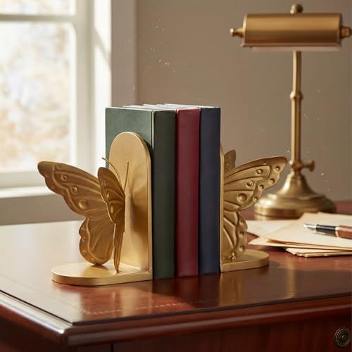 2 Pcs Vintage Butterfly Bookends Metal Butterflies on Stands with Gold Finish, 7" Tall Heavy Duty Decorative Book Ends, Book Stopper Holder Decor for Desk Home Office Shelf Decorations - Image 4