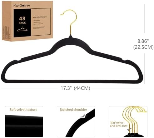 ManGotree Velvet Coat Hangers with 360° Swivel Gold Hook 48 Pack Black - Image 3