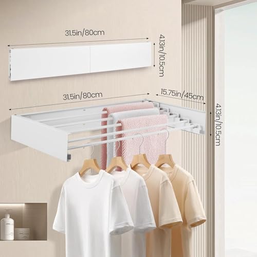 Wall Mounted Laundry Drying Rack, 2 PCS Carbon Steel Foldable & Retractable Clothes Drying Rack, Space Saving Adjustable Towel Holder for Bathroom, Laundry, Small Spaces (2PCS, White, 31.5") - Image 2