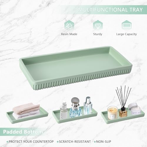 XLHOMO Resin Light Green Bathroom Accessories Set 5 Pcs, Lotion Soap Dispenser, Toothbrush Holder, Bathroom Tumbler, Qtip Holder and Vanity Tray, Bathroom Countertop Organizer Set for Modern Apartment - Image 5