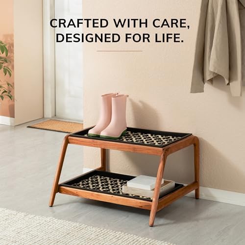 Anji Mountain Heavy Duty Waterproof Wooden Shoe Storage Mat Organizer/Boot Storage Tray Multi Use for Entryway with Coir, Black and Ivory Insert, 2 Tier, Fits 4 Pair (26.5" Wide) - Image 6