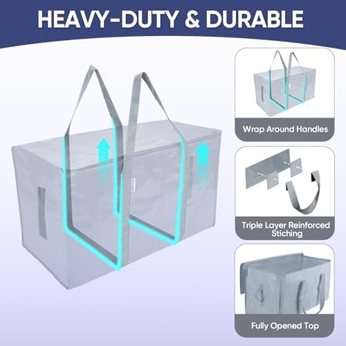 TICONN 8 Pack Extra Large Moving Bags Heavy Duty with Zippers & Carrying Handles, Durable Storage Bags Moving Boxes for Closet Organizers and Storage (8 Pack, Light Grey) - Image 3