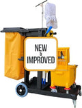 Simpli-Magic Commercial Cleaning Cart with Waste Bag & Lid, Janitorial Utility Cart with 3 Shelves, Mop & Broom Holders, 330 lb Capacity, Yellow/Grey by Simpli-Magic