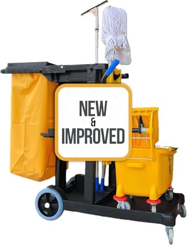 Simpli-Magic Commercial Cleaning Cart with Waste Bag & Lid, Janitorial Utility Cart with 3 Shelves, Mop & Broom Holders, 330 lb Capacity, Yellow/Grey by Simpli-Magic