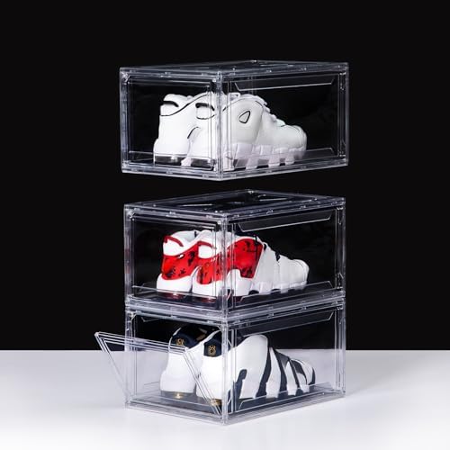 3 Pack Acrylic Shoe Boxes, Ultra Clear Shoe Boxes Stackable, Shoe Storage Box Sneaker Storage for Sneakerhead, Foldable Shoe Organizer with Magnetic Door, Professional Shoe Display Fits US Size 15 by GIVEYOUTHEBEST