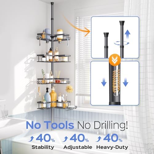 HAMITOR Shower Caddy Tension Pole: 4-Tier Corner Bathroom Organizer with Soap Holder - No-Drill Adjustable Storage Rack - 47-123 Inch Rustproof Space Saving Gray - Image 3