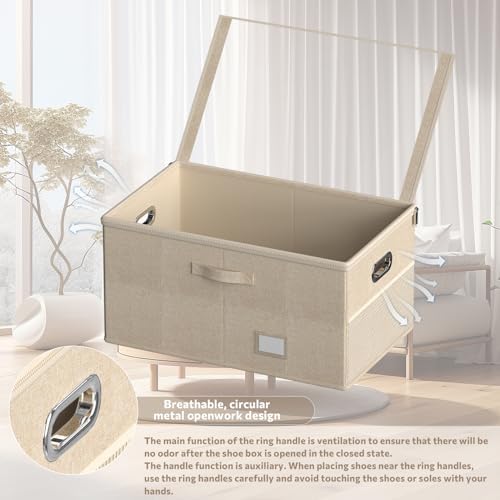 Shoe Organizer for Closet, Shoe Box Storage Containers Fit 18 Pairs Foldable Shoe Storage Bins with Clear Cover & Adjustable Dividers for Shoes Blankets Linen Clothing (Beige, (24.4*16.5*12.9)x1) - Image 5