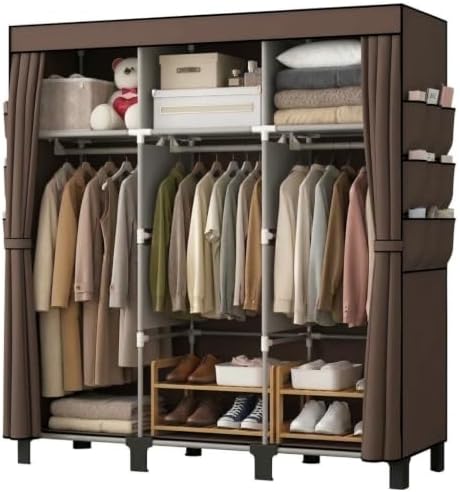 Portable Non-Woven Fabric Wardrobe, 3 Hanging Rods & Multi Tier Storage Shelves, 18 Side Pockets Clothes Closet Organizer, 130×45×172cm for Bedroom Dorm Living Room (Coffee) by Unknown
