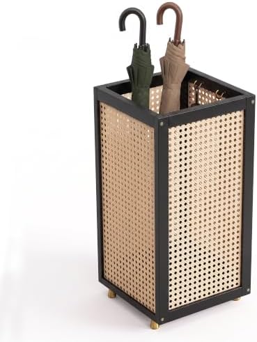 TrailBlaze Rattan-Style Wooden Umbrella Stand for Entryway, Slim Square Umbrella Holder - Removable Drain Tray - Metal Hooks & Raised Feet, Black, 51 x 24 x 24 cm - Image 4