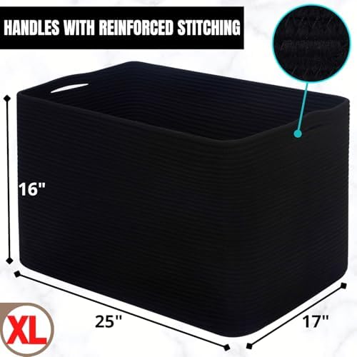 MINTWOOD Design 112L Extra Large Blanket Basket Holder Living Room, 25"x17"x16" Rectangle Rope Woven Storage Basket with Handles for Laundry, Pool Towels, Shoes, Dog Toy Organizer Bin Box, Black - Image 7