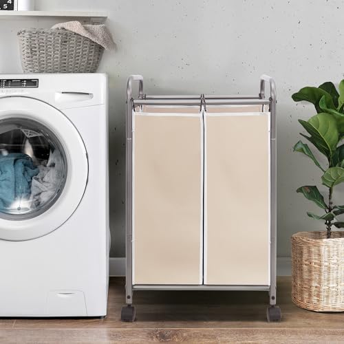 STORAGE MANIAC 2 Section Laundry Sorter, Laundry Hamper with Wheels, Beige - Image 3