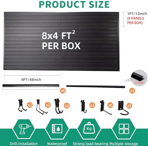 FRAYSCENT Slat Wall Paneling Garage Slat Wall Storage Systems Slatwall Panels Power Tool Organizer Wall Mount, PVC Garage Storage & Organization Products Slate Board (Black, 4ft x 8ft with 15 Hooks) - Image 2