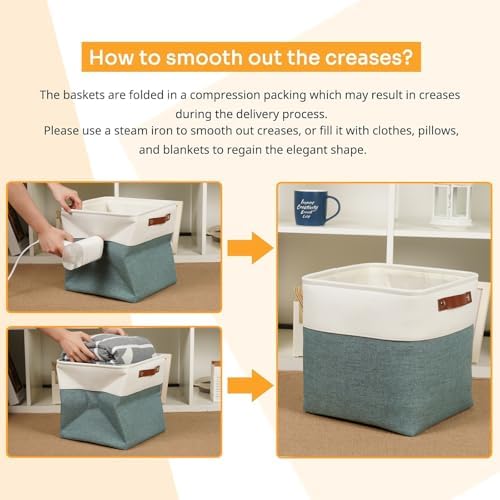 DULLEMELO Set Of 4 Cube Storage Bins, Fabric Storage Basket for Shelves Closet Nursery Toy Storage, 12 inch Fabric Storage Cubes Bins Canvas Organization Baskets (White&Deep Green) - Image 6