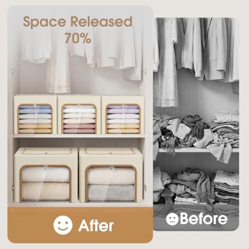 Yecaye 3-Pack 66L Clothes Storage Bins, Storage Bags for Clothes, Beige - Image 4