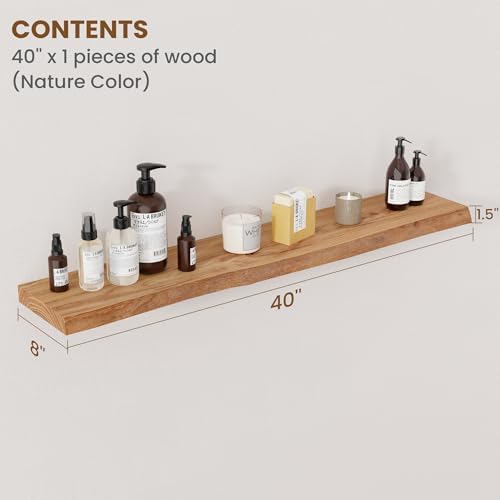 Floating Shelves for Wall Decor, Rustic Solid Elm Wood Live Edge Floating Shelves Wall Mounted, Wall Shelves with Invisible Bracket for Living Room Bathroom Bedroom Kitchen, 40 Inch Set of 1, Natural - Image 2