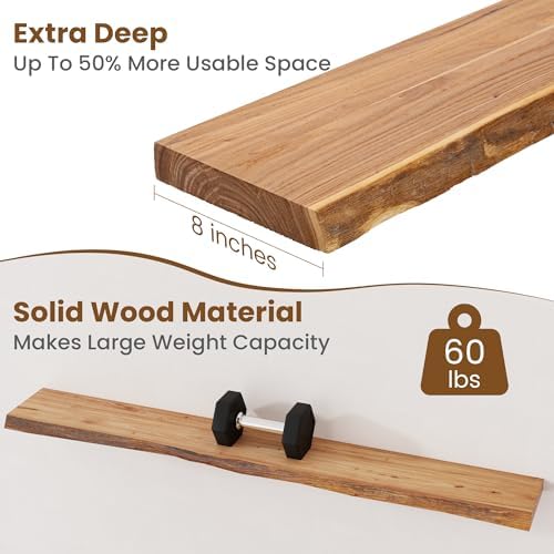 FLYJOE Floating Shelves for Wall Decor, Rustic Solid Elm Wood Live Edge Floating Shelves Wall Mounted, Wall Shelves with Invisible Bracket for Living Room Bathroom Bedroom Kitchen, 55 Inch, Natural - Image 5