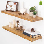 Fun Memories Floating Shelves for Wall, Live Edge 32" W x 9.3" D x 1.5" H Wood Floating Shelf, Set of 2 with Invisible Heavy-Duty Metal Bracket, Deep Floating Shelf for Living Room Kitchen, Natural by FunMemories