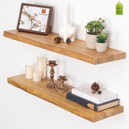 Fun Memories Floating Shelves for Wall, Live Edge 32" W x 9.3" D x 1.5" H Wood Floating Shelf, Set of 2 with Invisible Heavy-Duty Metal Bracket, Deep Floating Shelf for Living Room Kitchen, Natural by FunMemories