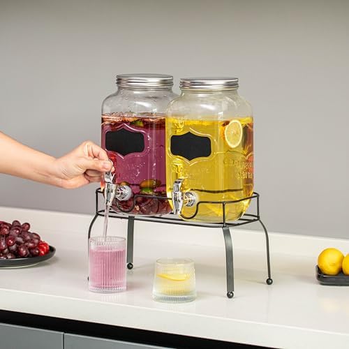 Basicwise 2-Pcs Glass Drink Dispenser Set with Metal Stand, Stainless Steel Spigots and Chalkboard Signs - Ideal for Serving Beverages, Water, Lemonade and Juice at Picnics, Camping Trips and Parties - Image 3