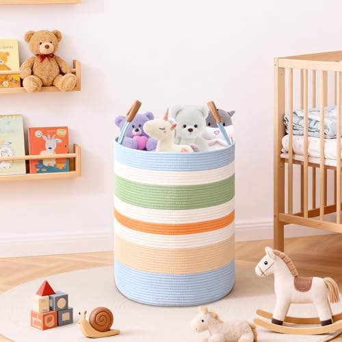Large Laundry Basket, Laundry Hamper with Leather Handles, 90L Woven Dirty Clothes Hamper, Rope Hampers for Bedroom, Barthroom, Rainbow - Image 6