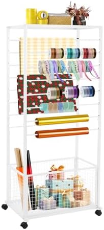 Double-Sided 16-Layer Ribbon Holder Organizer Rack with Wheels Floor Standing Wrapping Paper Display Shelf for Florist Craft Room Cake Shop, 110lbs Load-Bearing Capacity by Unknown