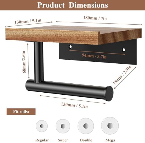 Tindbea Toilet Paper Holder with Wood Shelf, Wooden Wall Mount Tissue Paper Roll Holder, Matte Black Stainless Steel Bathroom Accessories Decor for Home (Sapele, Matte Black) - Image 3