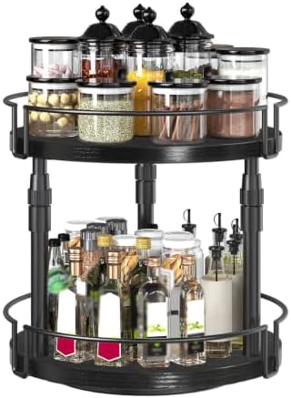HOOBRO Lazy Susan Organizer Spice Rack, 2-Tier Height Adjustable Rotating Lazy Turntable Spice Organizer, for Kitchen Countertop and Cabinet, Black BB05TL01 - Image 2