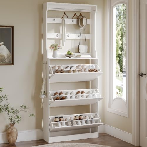 Shoe Cabinet for Entryway with 3 Flip Drawers, White Tall Wood Shoe Storage Cabinet with Coat Rack, Narrow Hidden Slim Freestanding Shoe Rack Organizer, 2 in 1 Hall Tree for Living Room, Hallway by Xixini