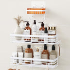 Orimade Adhesive Shower Caddy Soap Dish Holder Shelf with 5 Hooks Bathroom Organizer Basket Kitchen Storage Rack Wall Mounted No Drilling Stainless Steel - 3 Pack, White by Orimade