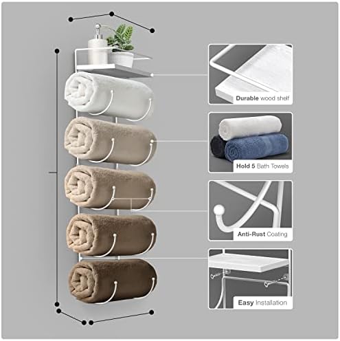Sorbus Wall Towel Rack, 5-Tier Wood Shelf, Wall Mounted (White) - Image 4