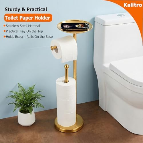 Kalitro Toilet Paper Holder Freestanding with Big Shelf, 4 Rolls Reserve Paper Holder Stand, Modern Paper Roll Holder with Storage Space for Phones (Gold) - Image 2
