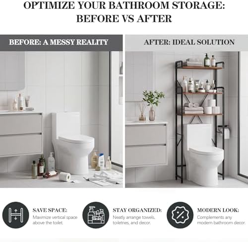 Over The Toilet Storage Cabinet, Freestanding Bathroom Shelf with Hooks - Image 6