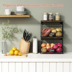 Goozii Hanging Wall Fruit Basket for Kitchen Counter 2 Pack, Stackable Wire Baskets for Organizing with Wood Lid, Potato and Onion Storage Bin with Banana Hook for Vegetable Produce, Black + Rustic - Image 2