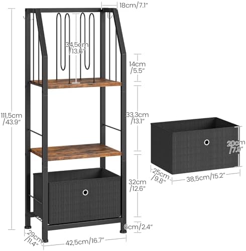 CHOEZON 3-Tier Towel Rack Freestanding, Towel Rack with a Fabric Drawer, 2 M-Shaped Metal Dividers and 4 Hooks, Bathroom Towel Storage Shelf, Towel Storage for Bathroom, Rustic Brown and Black TCJ29BF - Image 3