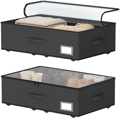 EE-RoomWorld Underbed Storage Bins with Wheels, No Assembly Required - 7.5 inch height Black Large Capacity Rolling Underbed Containers for Shoes, Dorm under bed storage drawers by EASIERLIFEENJOYWORLDBEAUTY