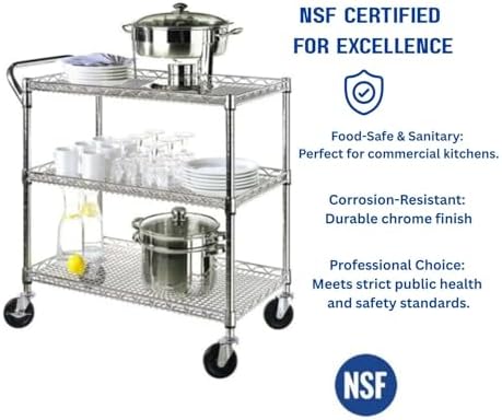 Heavy Duty 3 Tier Rolling Utility Kitchen Cart on Wheels,Large 45"L x 17 1/2"D x 45"H Metal Serving Cart Commercial Grade with Wire Shelving and Handle Bar for Office School Church Kitchen Hardware - Image 6