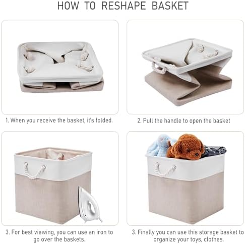 13 x 13 Inch Cube Storage Bins,Storage Cubes for Shelves，Foldable Organizer Boxes with Handles, Decorative Storage Basket for Organizing Clothes, Toys, Books(White&Beige) - Image 5