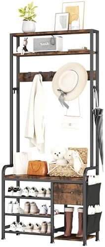 Homeiju Hall Tree with Bench and Shoe Storage, 3-in-1 Entryway Organizer with 6+2 Hooks, Coat Rack with Adjustable Feet for Stability, Mudroom Furniture with Storage Shelf by Homeiju