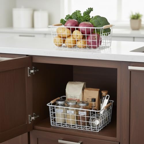 White Metal Wire Food Storage Basket with Wooden Handles for Organizing Snack Basket,Pantry Organizers and Storage for Kitchen Cabinets 4 Pack (Medium) - Image 5