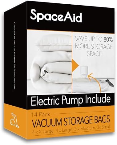 SpaceAid 14 Pack Vacuum Storage Bags with Electric Air Pump, Space Saver Sealer Compression Bags for Comforters, Blankets, Pillows, Bedding, Clothes (4 Jumbo/4 Large/3 Medium/3 Small) by SpaceAid