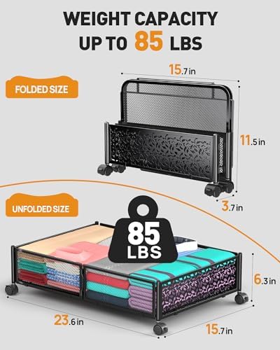Under Bed Storage with Wheels, Foldable Pattern Carved Metal Under Bed Storage Containers, 60L Rolling Underbed Storage, Easy Assembly Under The Bed Storage for Shoes, Clothes, Blankets... - Image 6
