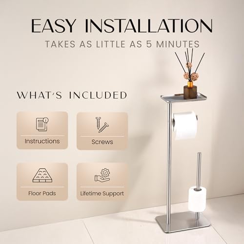 Day Moon™ - Toilet Paper Holder - Modern Roll Holder for Bathroom - 1 Pack - Free Standing - with Shelf, Brushed Nickel - Image 4