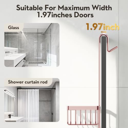 Over the Door Shower Caddy Hanging With Double Soap Holder Never Rust Aluminum Shower Shelf With 4 Hooks Hanging Bathroom Organizer No Drilling Shelves for Bathroom Storage Pink - Image 7