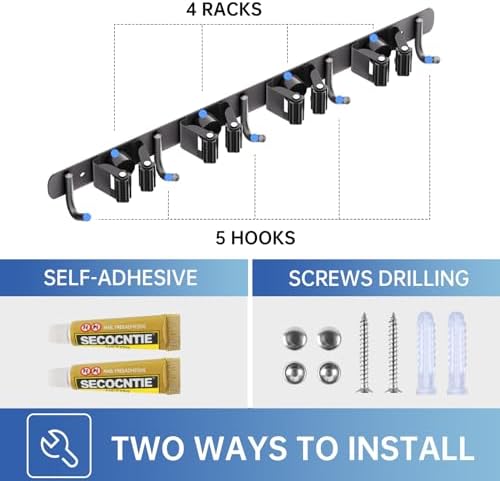 ZONGOOL 2 Pack Mop Broom Holder Wall Mount 4 Racks 5 Hooks Storage Black - Image 6